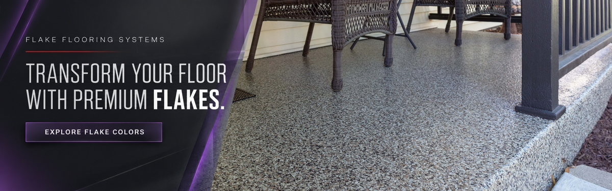 Transform your floor with premium flakes — gray flake epoxy floor in a bright modern room, explore Colored Epoxies flake colors