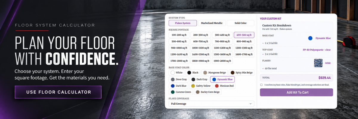Plan your floor with confidence — Colored Epoxies square-foot floor calculator: choose your system, enter your square footage, get the materials you need