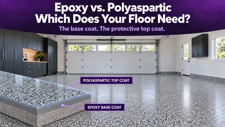 Garage flake floor cutaway showing the epoxy base coat under a clear polyaspartic top coat