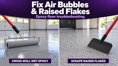 Cross-rolling wet epoxy with a roller and scraping raised flakes on a garage floor