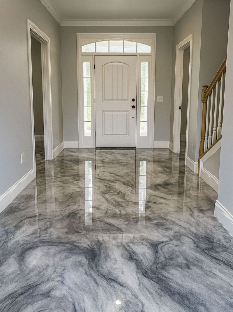 Gray and white marbled metallic epoxy floor in a home entryway