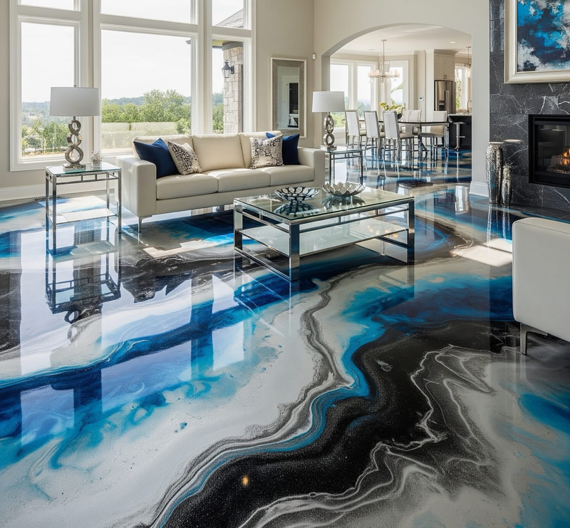 Blue, black and white marbled metallic epoxy floor in a luxury living room