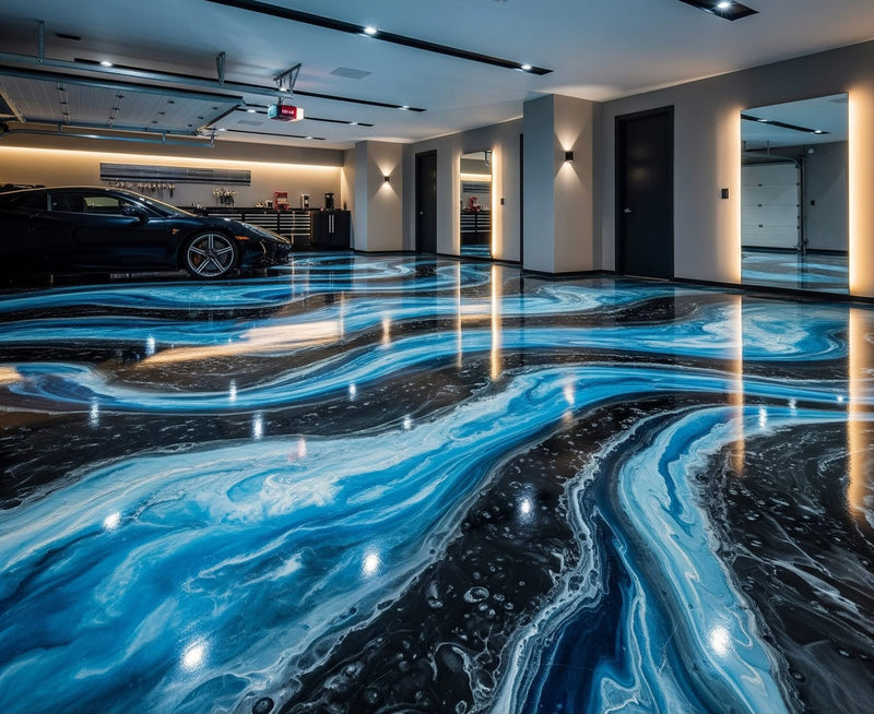 Blue, black and white swirled metallic epoxy garage floor with a sports car