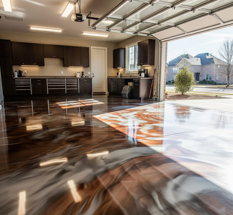 Brown and white marbled metallic epoxy garage floor with dark cabinets