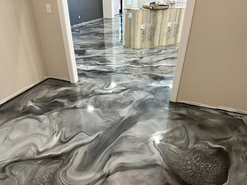 Silver and charcoal marbled metallic epoxy hallway floor