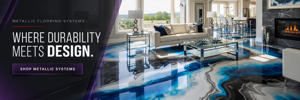 Colored Epoxies metallic flooring systems — where durability meets design; blue, white and black metallic epoxy floor in a living room